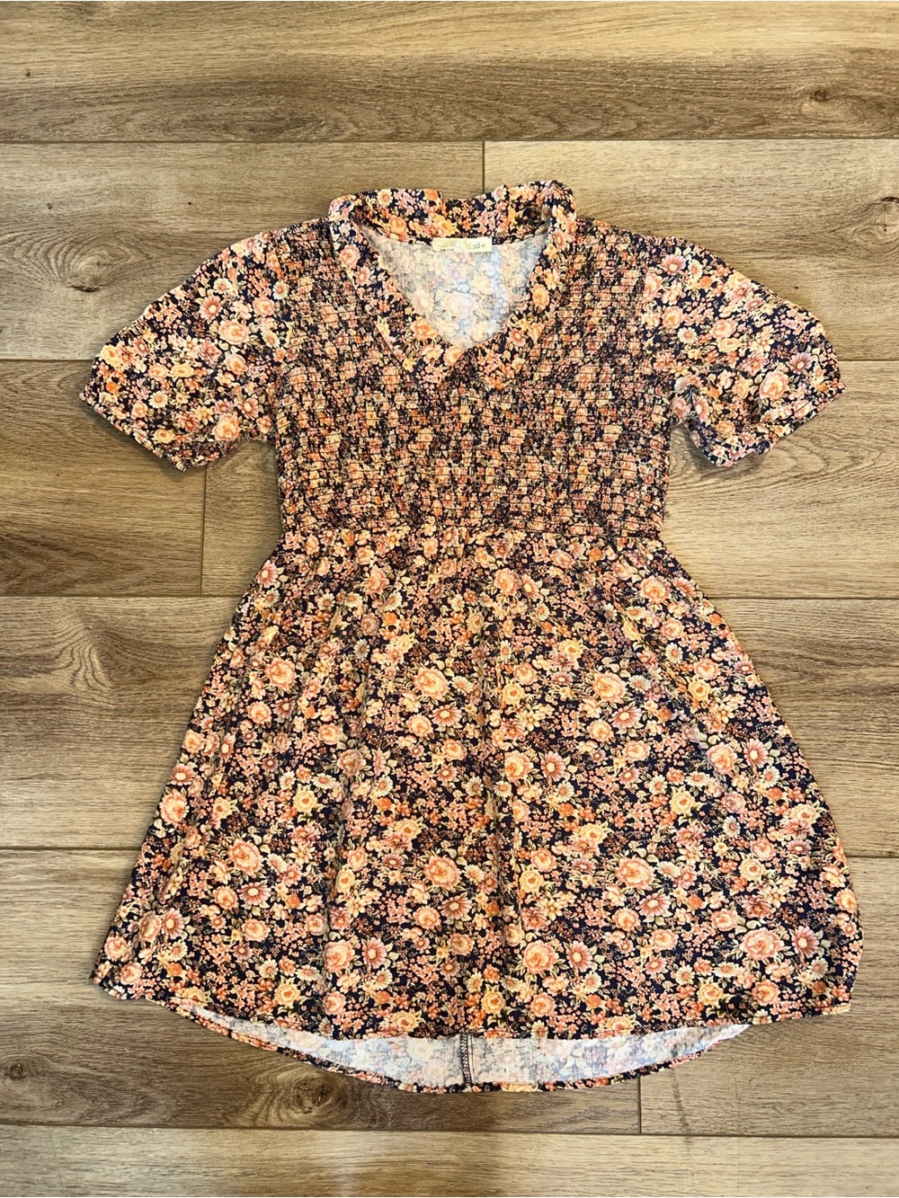 Rewind Navy Dress with Peach Floral Print Girls Large